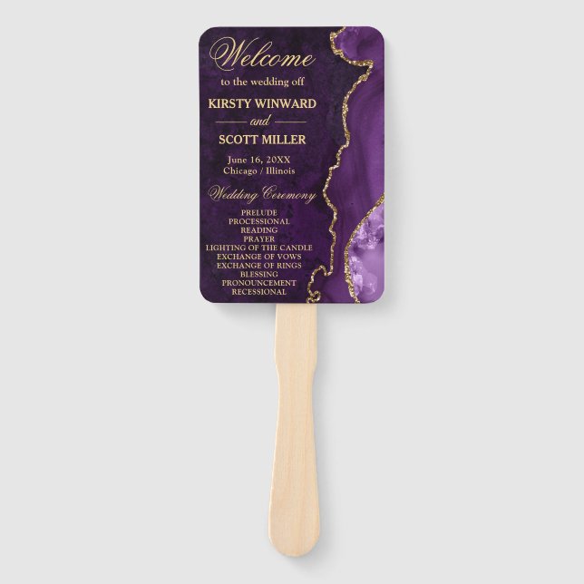 Leque Programa de Casamento em Ágata Brilhante Faux Roxo (Frente)
