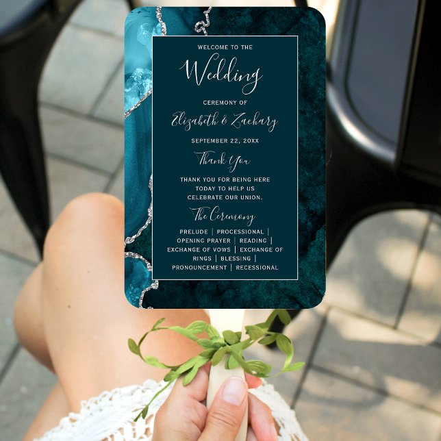 Leque Programa de Casamento em Ágata Teal Escuro Prata (Criador carregado)