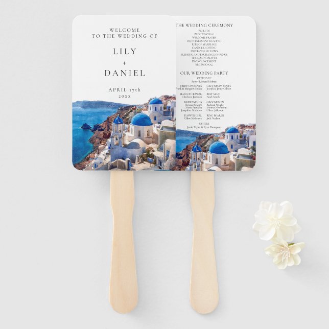 Leque Programa de Casamento em Aquarela Santorini Grécia (Frente e Verso)