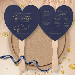 Leque Programa de Casamento em Azul Naval e Dourado com 