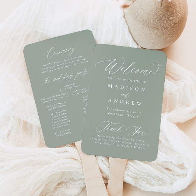 Leque Programa de Casamento em Caligrafia Moderna Verde  (Criador carregado)