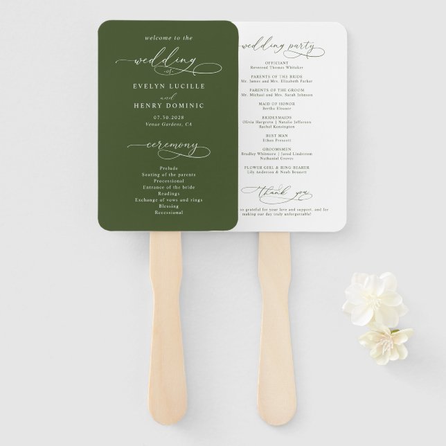 Leque Programa de Casamento em Caligrafia Oliva Verde (Frente e Verso)