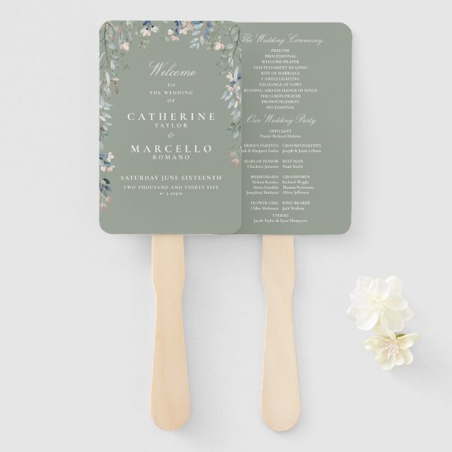 Leque Programa de Casamento em Cascata Floral de Sage Gr (Frente e Verso)