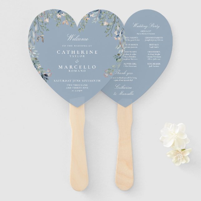 Leque Programa de Casamento em Cascata Floral Dusty Blue (Frente e Verso)