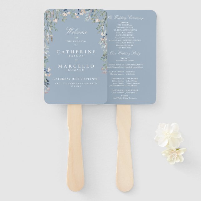 Leque Programa de Casamento em Cascata Floral Dusty Blue (Frente e Verso)