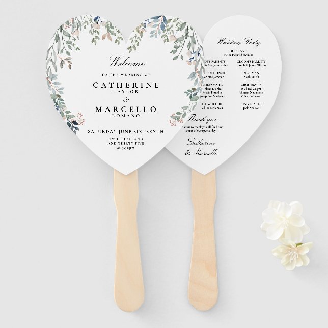 Leque Programa de Casamento em Cascata Floral Elegante (Frente e Verso)