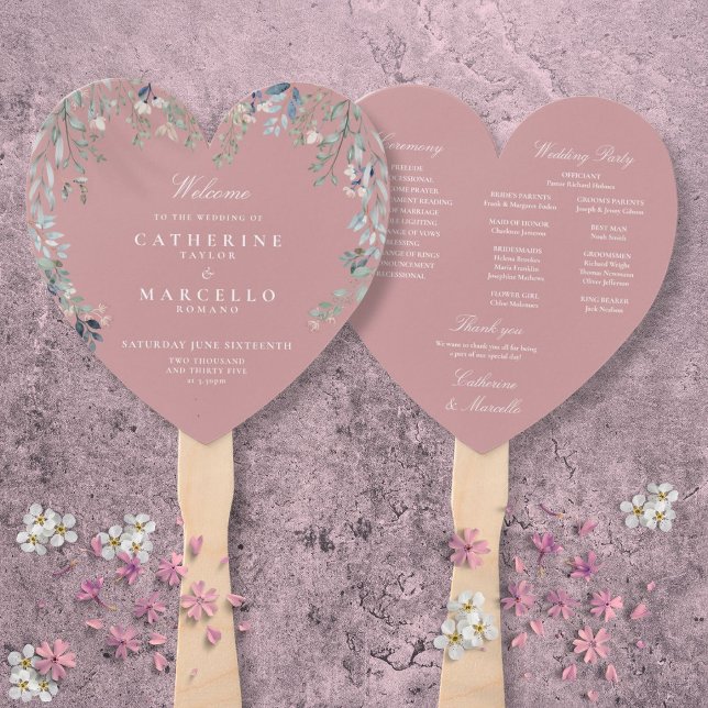 Leque Programa de Casamento em Cascata Floral Rosa Poeir (Dusty Rose Pink Floral Cascade Wedding Program Hand Fan)