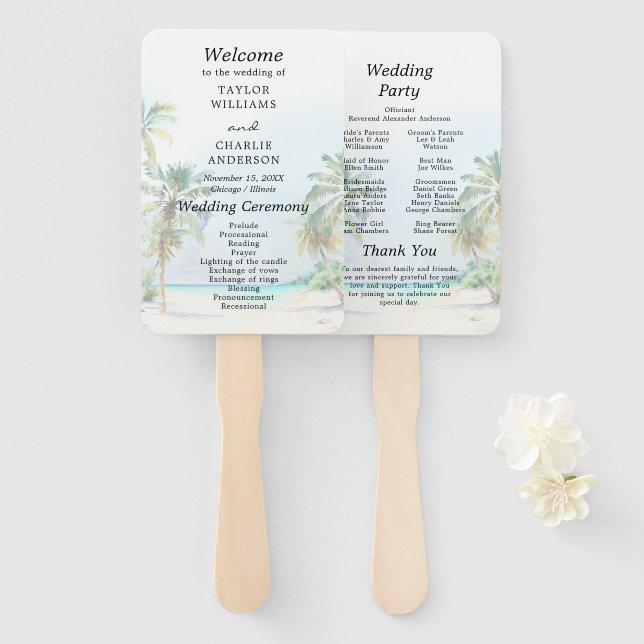 Leque Programa de Casamento em Destino de Praia Tropical (Frente e Verso)