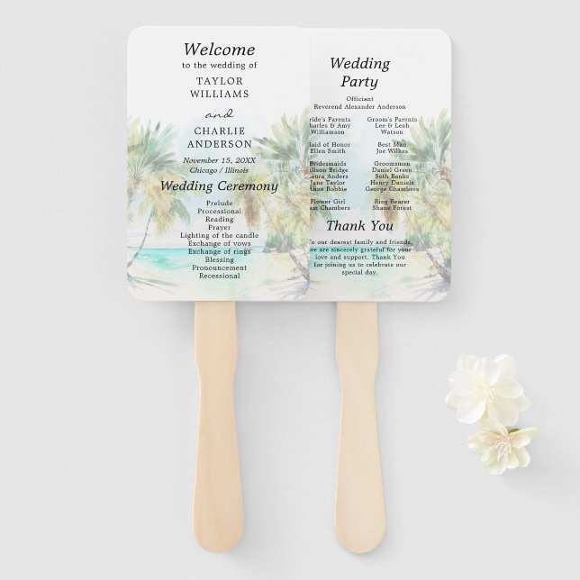Leque Programa de Casamento em Destino de Praia Tropical (Frente e Verso)