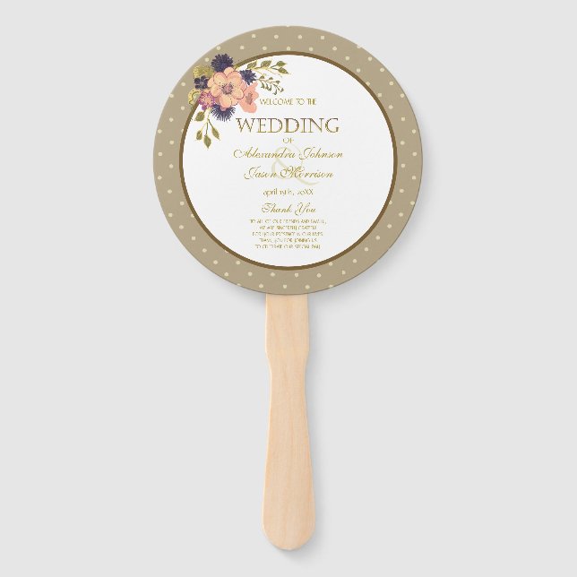 Leque Programa de Casamento em Dourado Rosa Floral (Frente)