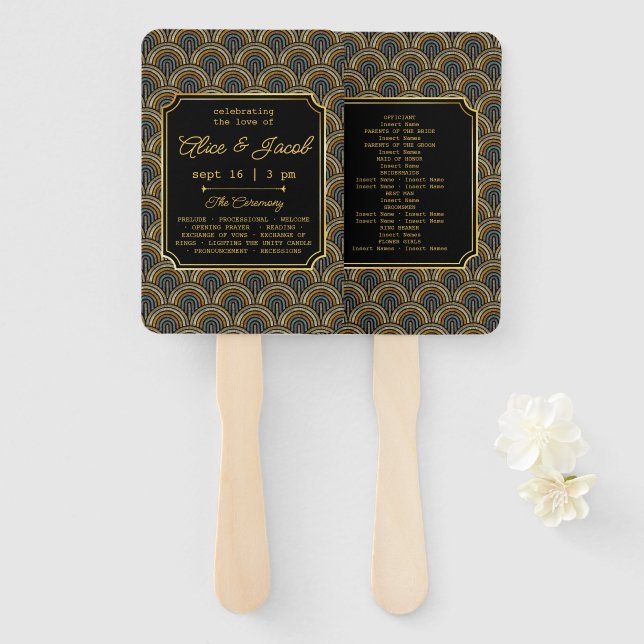 Leque Programa de Casamento em Estilo Art Déco Bordado (Frente e Verso)
