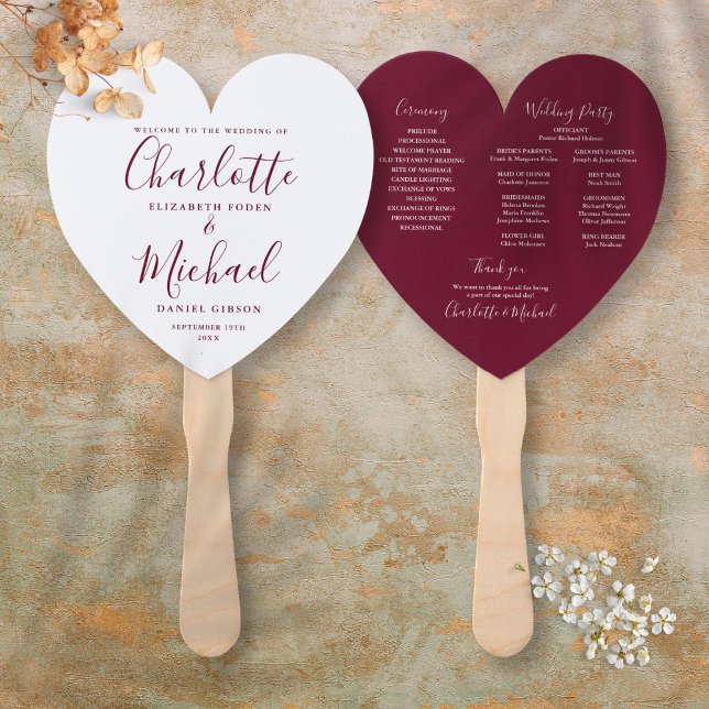 Leque Programa de Casamento em Letra Burgundy Coração  (Burgundy Script Wedding Program Heart Hand Fan)
