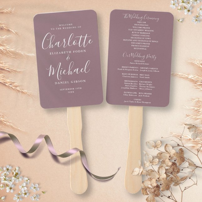 Leque Programa de Casamento em Letra de Cursiva Mauve Si (Mauve Signature Script Wedding Program Hand Fan)