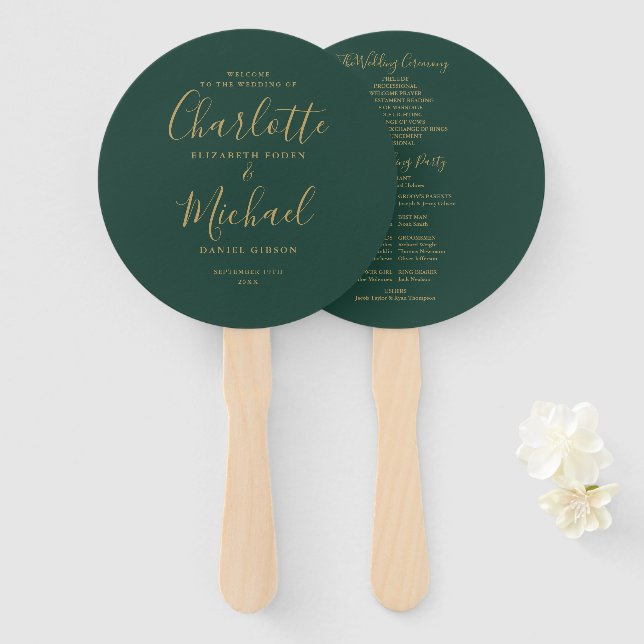 Leque Programa de Casamento em Letra Dourada e Verde Esm (Frente e Verso)