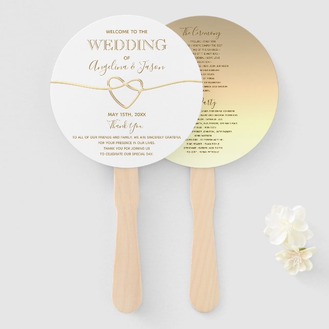 Leque Programa de Casamento em Ouro Elegante (Frente e Verso)