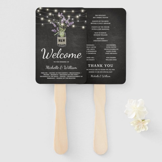 Leque Programa de Casamento em Pote de Pedra Lavanda Rús (Frente e Verso)