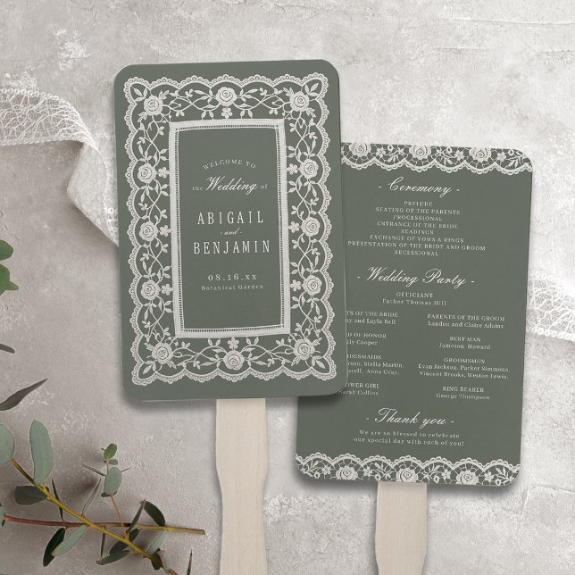 Leque Programa de Casamento em Renda Floral Verde Sálvia (Sage Green Floral Vintage Lace Wedding Program Hand Fan)