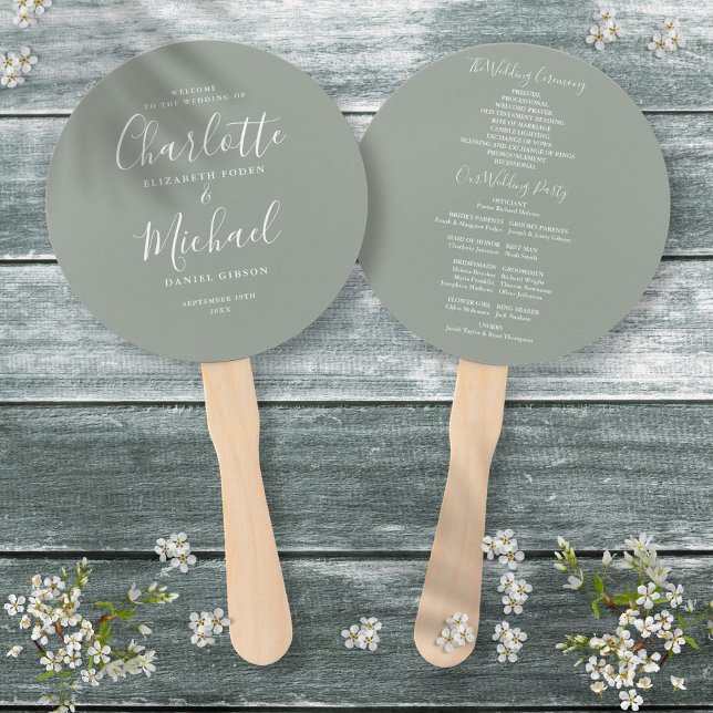 Leque Programa de Casamento em Script Moderno Elegante V (Elegant Modern Script Sage Green Wedding Program Hand Fan)