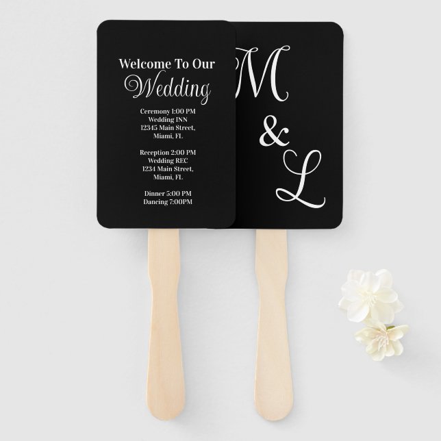 Leque Programa de Casamento em Script Moderno Preto e Br (Frente e Verso)