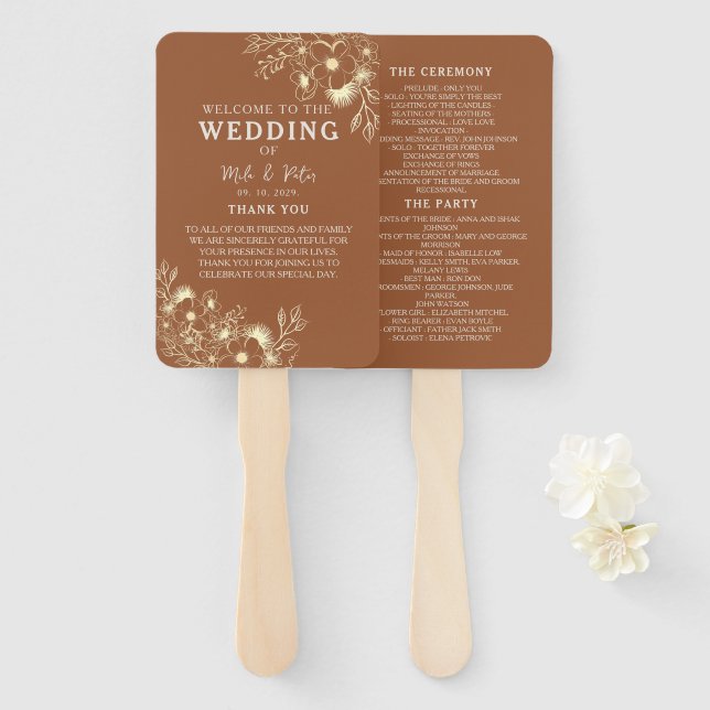 Leque Programa de Casamento em Terracota Boêmio (Frente e Verso)