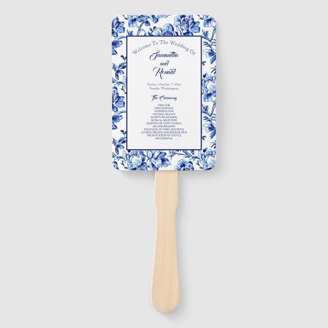 Leque Programa de Casamento em Toalete Floral Azul e Bra (Frente)