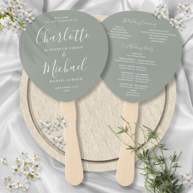 Leque Programa de Casamento em Verde Sage com Caligrafia (Signature Script Sage Green Wedding Program Hand Fan)