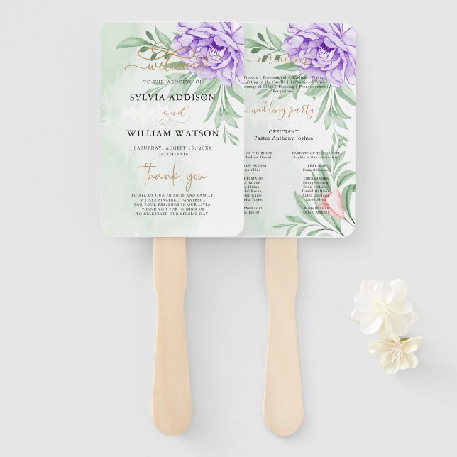 Leque Programa de Casamento Eucalyptus Boho Floral Rosa  (Frente e Verso)