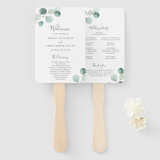 Leque Programa de Casamento Eucalyptus, em Verde Simples (Frente e Verso)