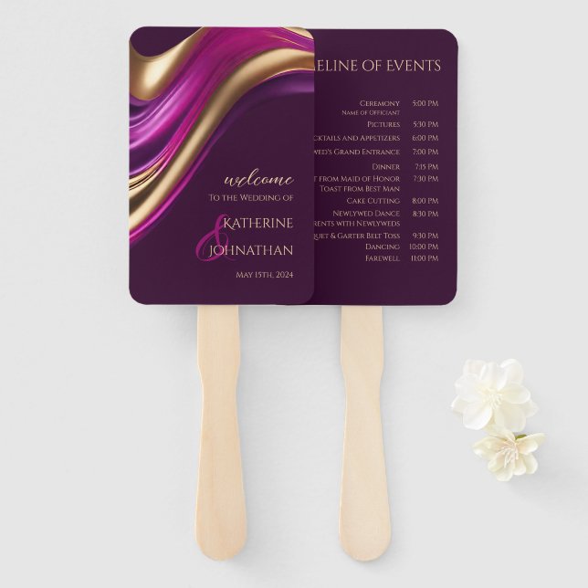 Leque Programa de Casamento - Férsia Roxa Moderna e Dour (Frente e Verso)