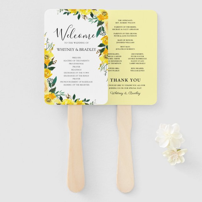 Leque Programa de Casamento Floral Amarelo de Verão (Frente e Verso)