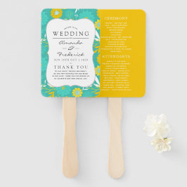 Leque Programa de Casamento Floral Amarelo e Teal