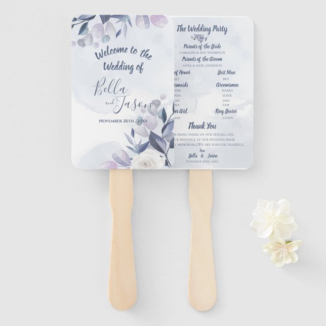 Leque Programa de Casamento Floral Aquarela Azul Desbota (Frente e Verso)