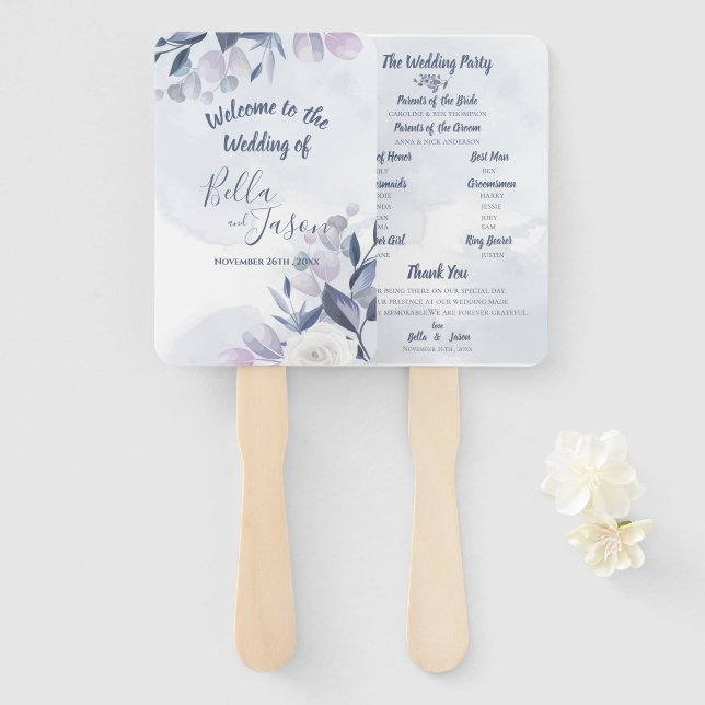 Leque Programa de Casamento Floral Aquarela Azul Poeira  (Frente e Verso)