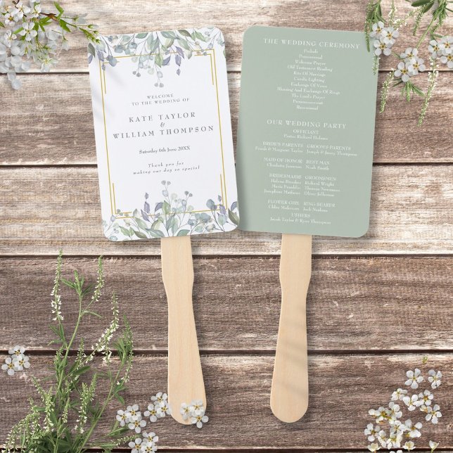 Leque Programa de Casamento Floral Aquarela Verde (Greenery Watercolor Floral Wedding Program Hand Fan)