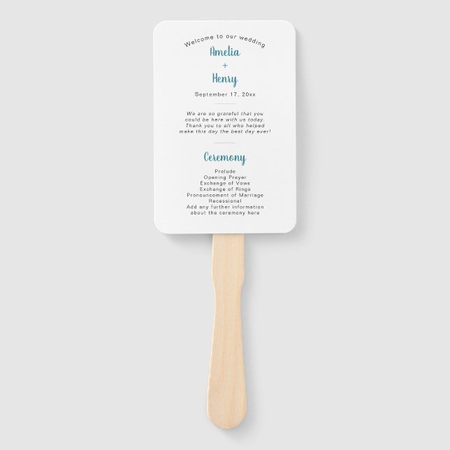 Leque Programa de Casamento Floral Azul e Rosa Moderno (Frente)