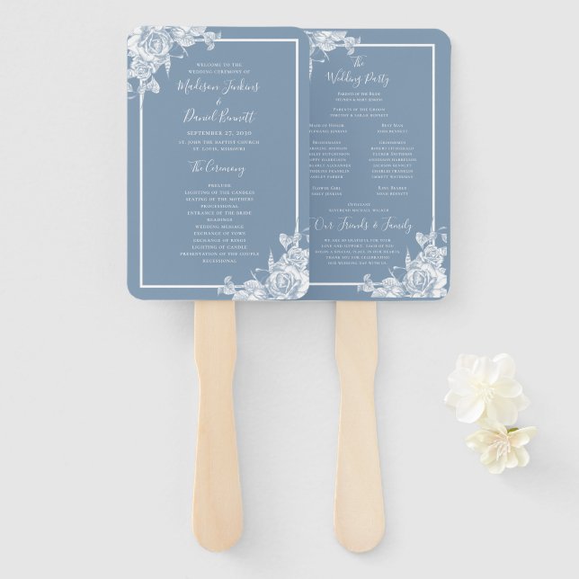 Leque Programa de Casamento Floral Azul Empoeirado (Frente e Verso)