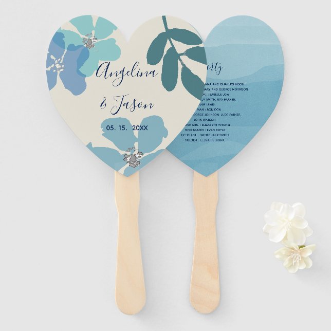 Leque Programa de Casamento Floral Azul Empoeirado (Frente e Verso)