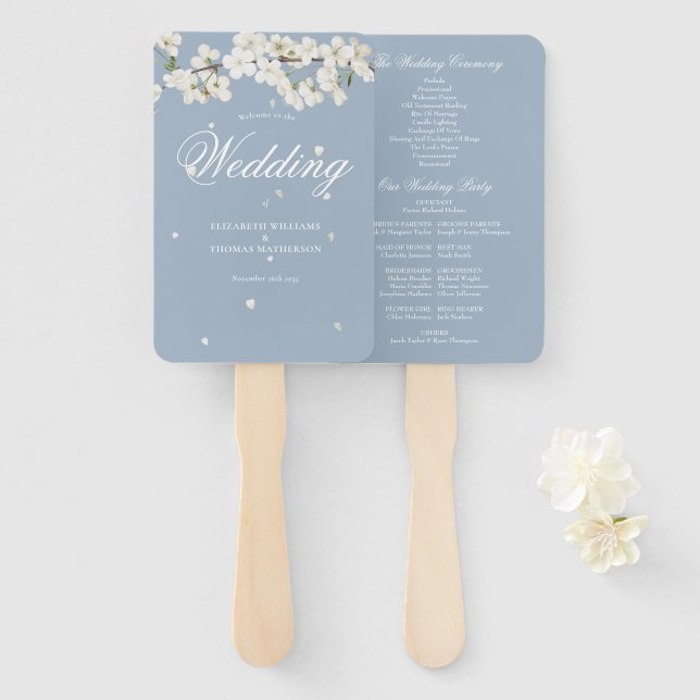 Leque Programa de Casamento Floral Azul Empoeirado com F (Frente e Verso)
