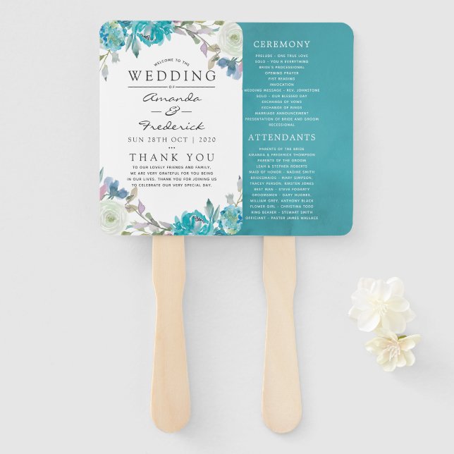 Leque Programa de Casamento Floral Azul Empoeirado e Tur (Frente e Verso)