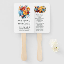 Leque Programa de Casamento Floral Azul, Laranja, Amarel