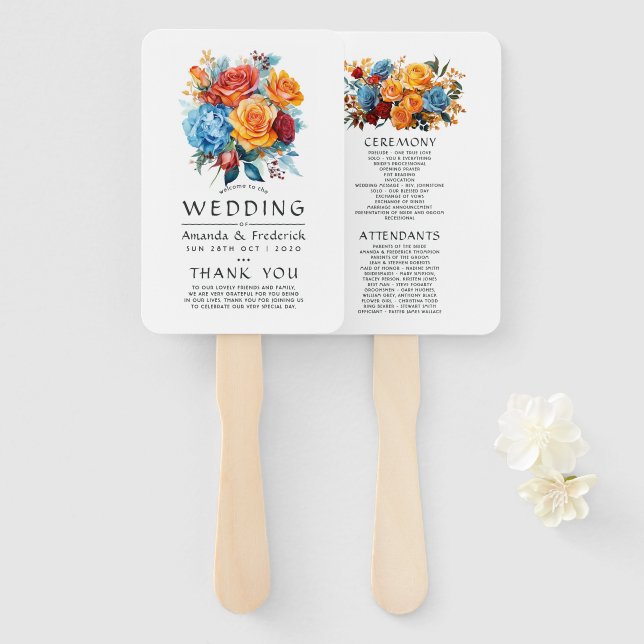 Leque Programa de Casamento Floral Azul, Laranja, Amarel (Frente e Verso)