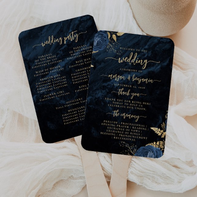 Leque Programa de Casamento Floral Azul Marinho Elegante (Criador carregado)