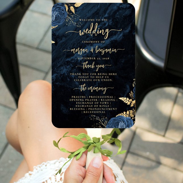 Leque Programa de Casamento Floral Azul Marinho Elegante (Criador carregado)