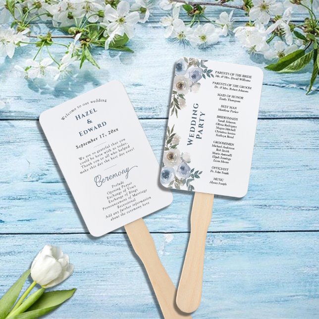Leque Programa de Casamento Floral Azul Moderno (Modern Dusty Blue Floral Wedding Program Hand Fan)