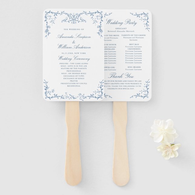 Leque Programa de Casamento Floral Azul Ornamentado Vito (Frente e Verso)