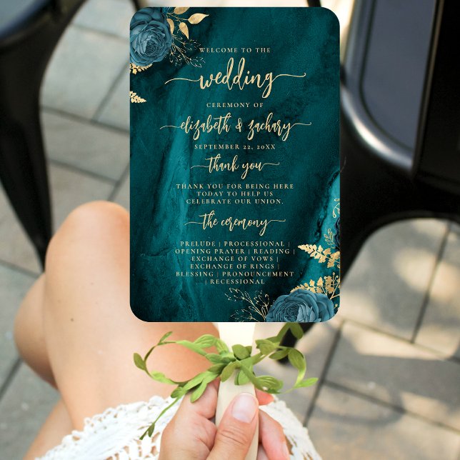 Leque Programa de Casamento Floral Azul Turquesa Elegant (Criador carregado)