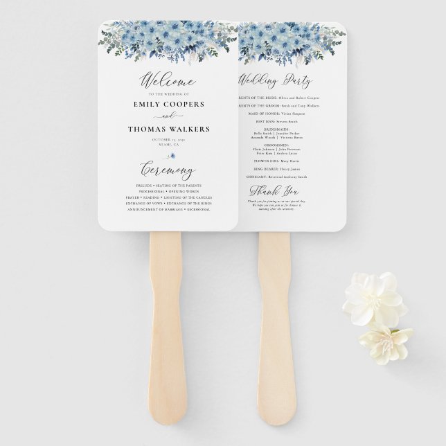 Leque Programa de Casamento Floral Blue Boho (Frente e Verso)