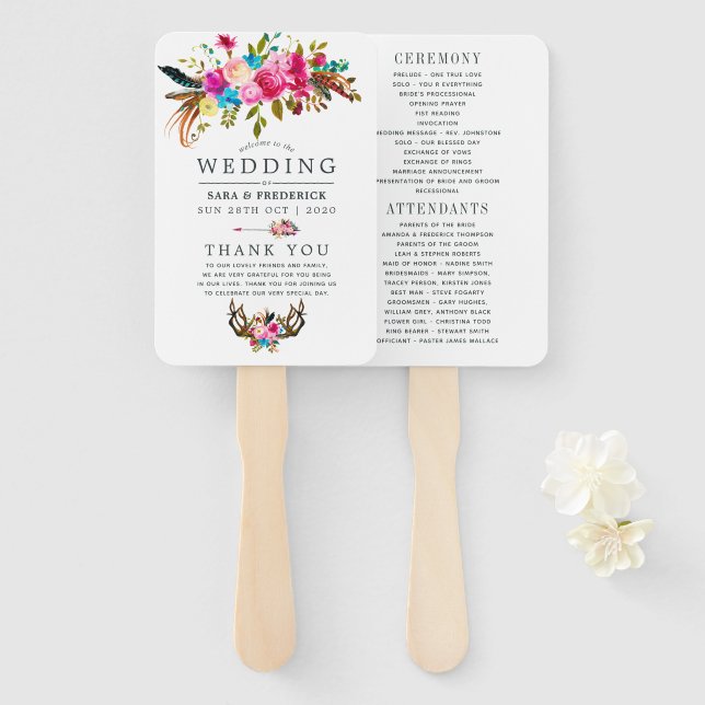 Leque Programa de Casamento Floral Boho Chic Aquarela (Frente e Verso)