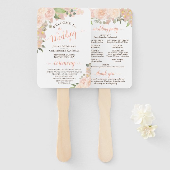 Leque Programa de Casamento Floral Boho Coral Peach Wate (Frente e Verso)