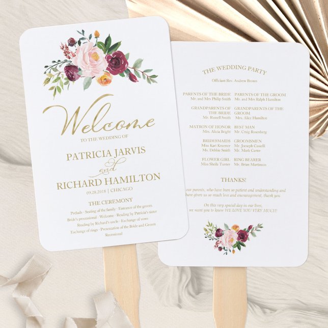Leque Programa de Casamento Floral Burgundy com Brilho D (Criador carregado)